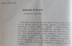 The editorial note accompanying the excerpts of Doctor Zhivago in Opinie